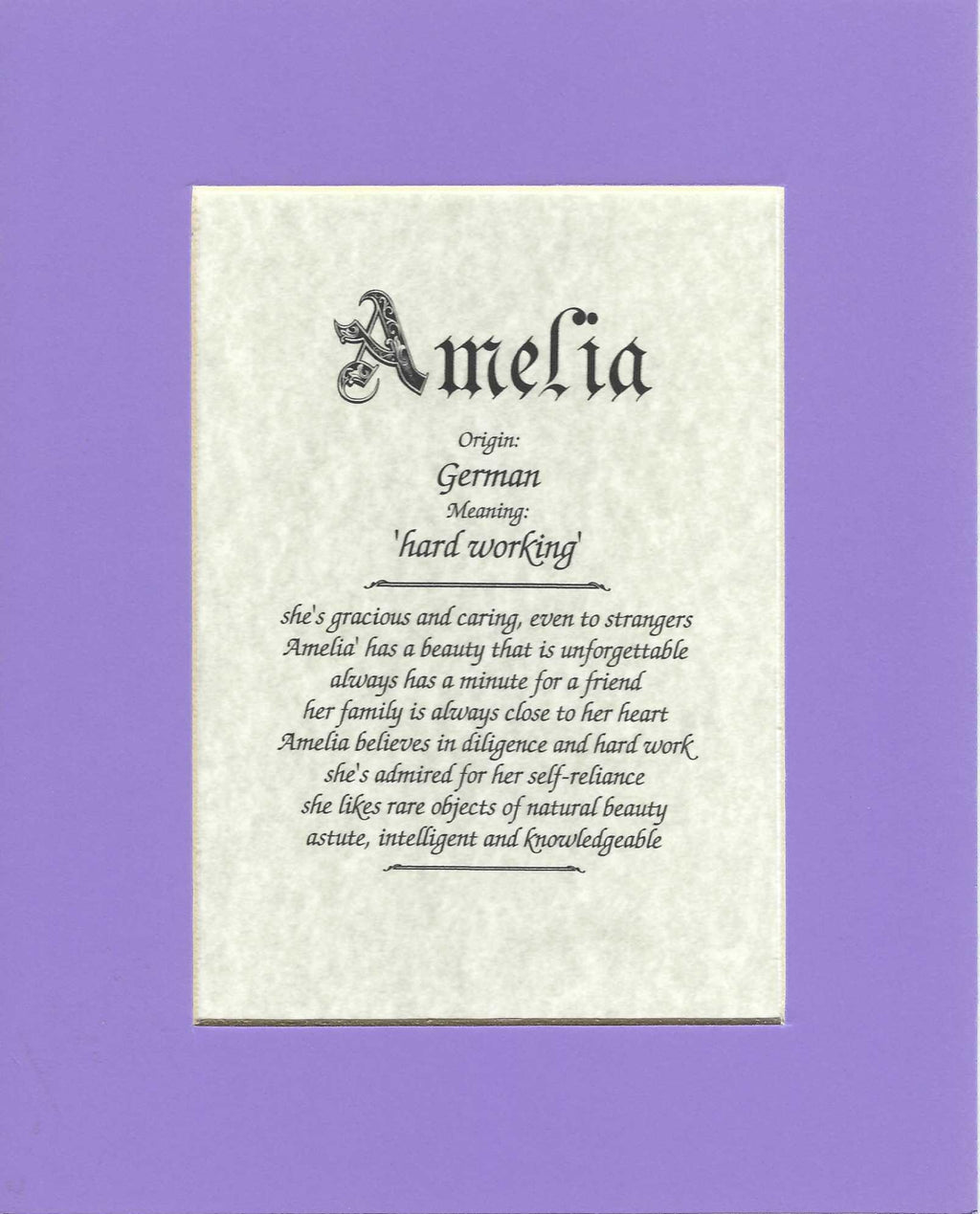 Name origin/meaning, lavender mat, 8 x 10 parchment paper