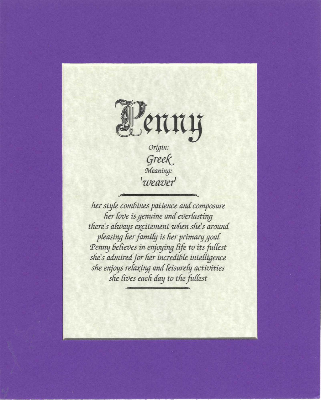 Name origin/meaning, purple mat, 8 x 10 parchment paper