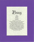 Name origin/meaning, purple mat, 8 x 10 parchment paper