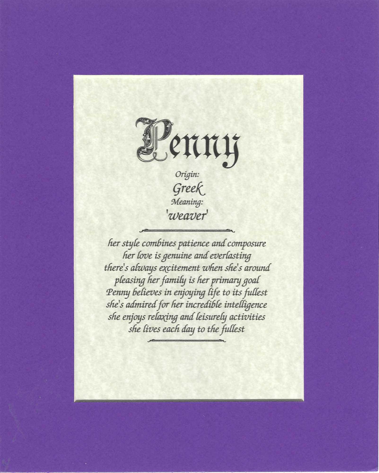 Name origin/meaning, purple mat, 8 x 10 parchment paper