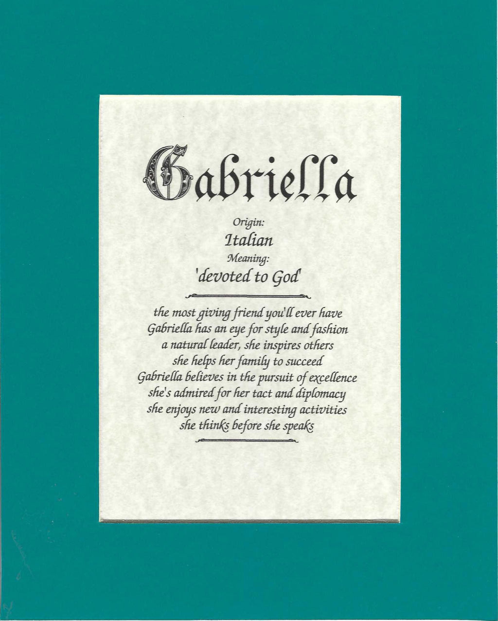 Name origin/meaning, teal mat, 8 x 10 parchment paper