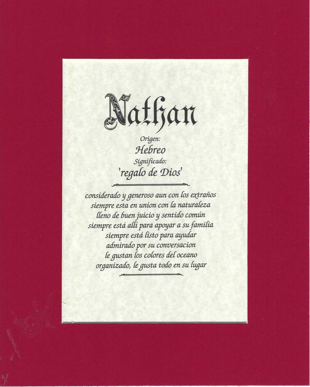 Name origin/meaning, deep red mat, 8 x 10 parchment paper