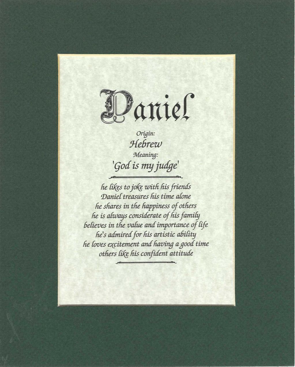 Name origin/meaning, green mat, 8 x 10 parchment paper