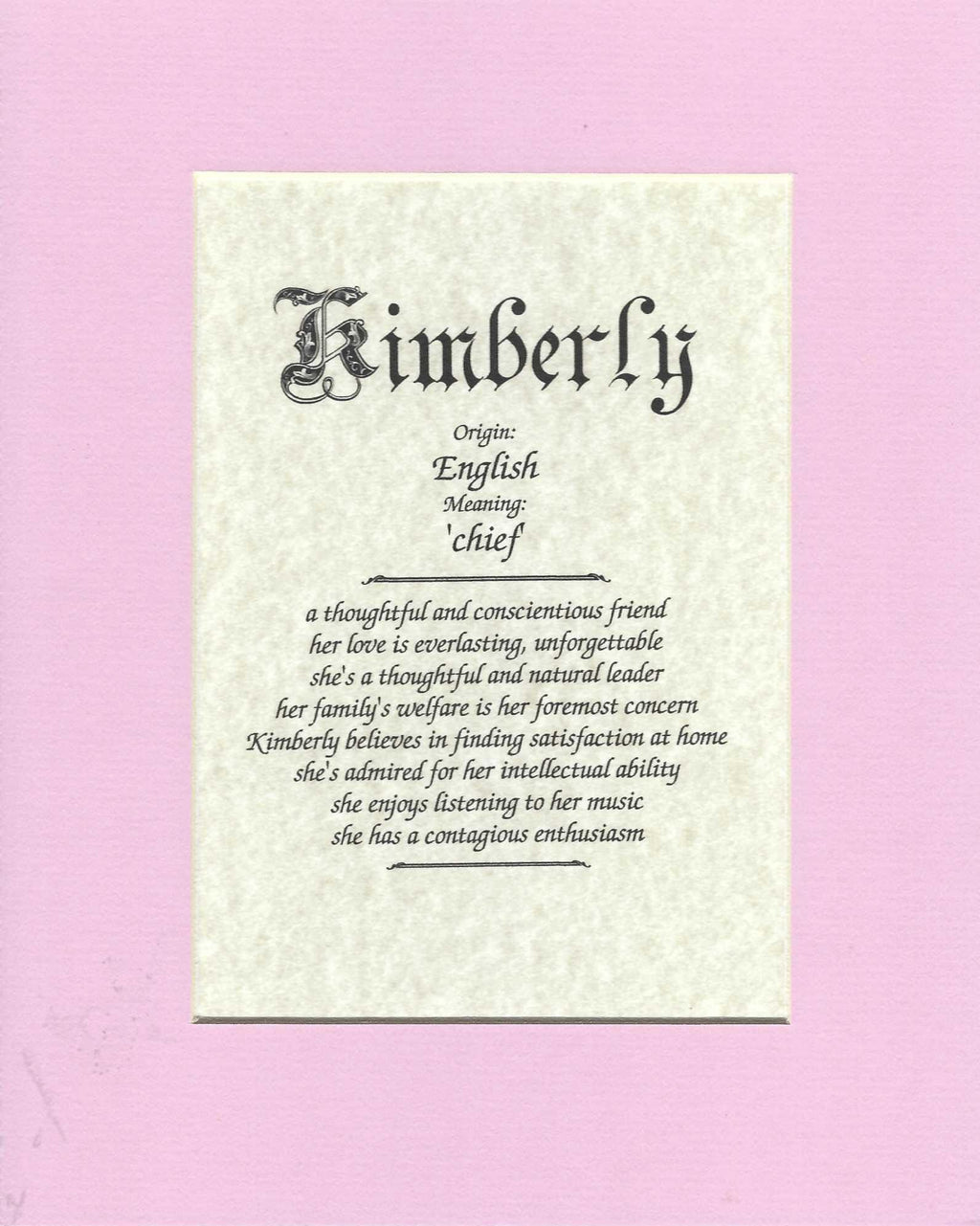 Name origin/meaning, pink mat, 8 x 10 parchment paper