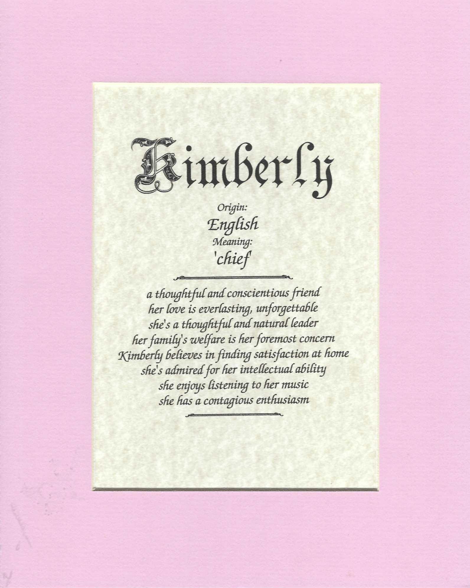 Name origin/meaning, pink mat, 8 x 10 parchment paper