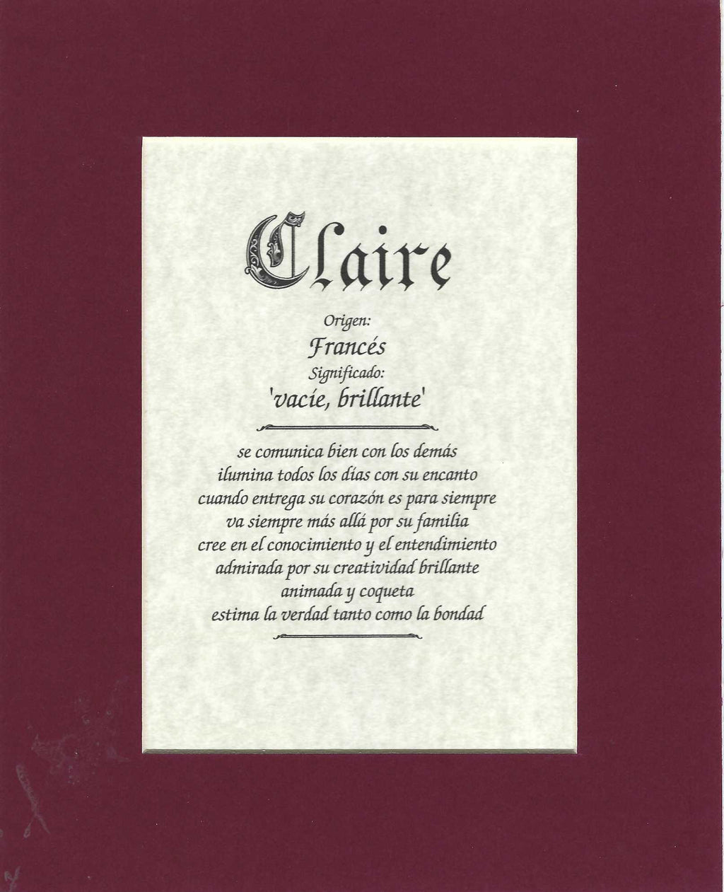 Name origin/meaning, maroon mat, 8 x 10 parchment paper
