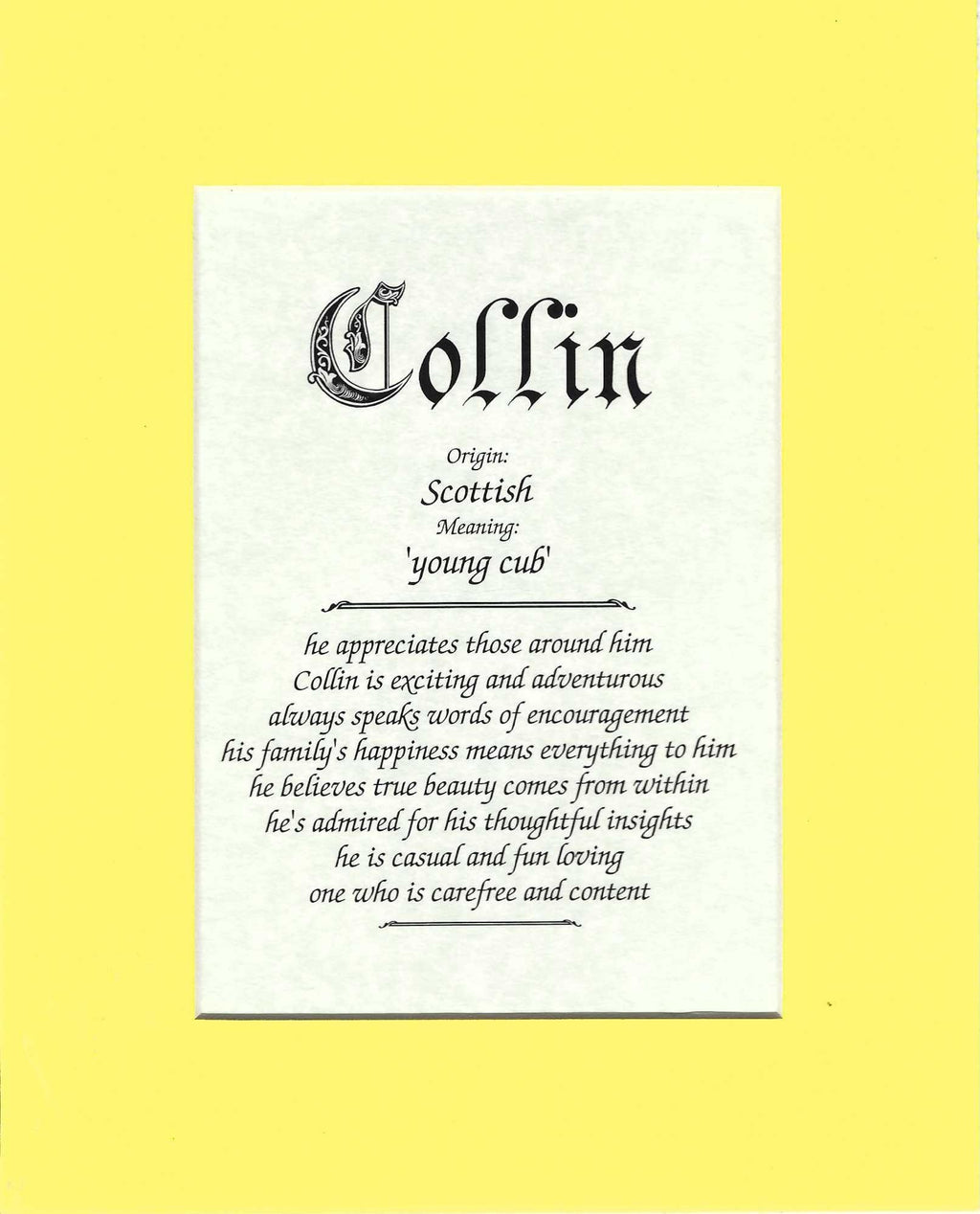 Name origin/meaning, yellow mat, 8 x 10 parchment paper