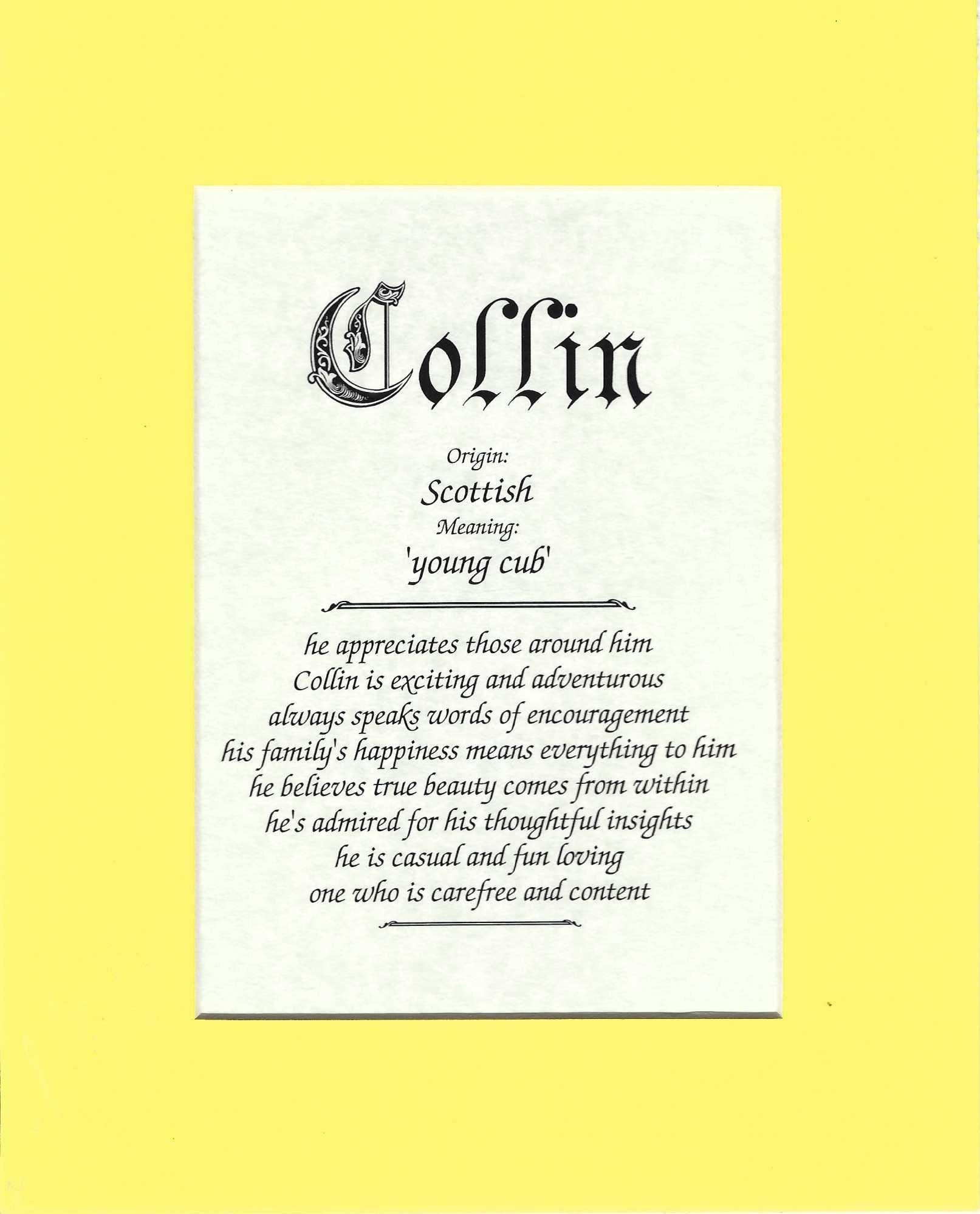 Name origin/meaning, yellow mat, 8 x 10 parchment paper