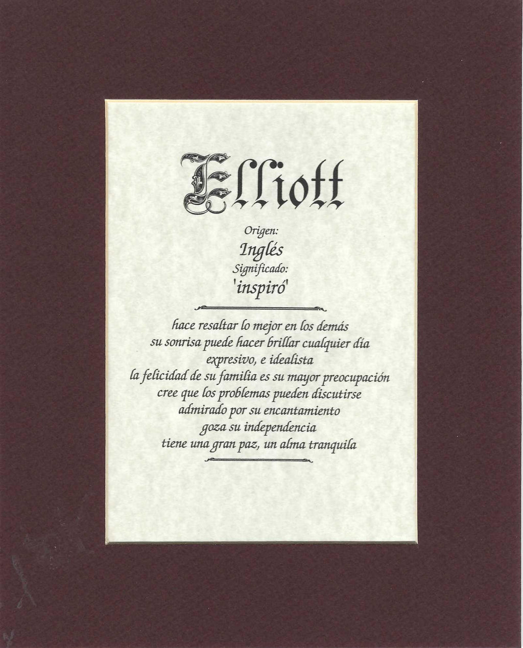 Name origin/meaning, brown mat, 8 x 10 parchment paper