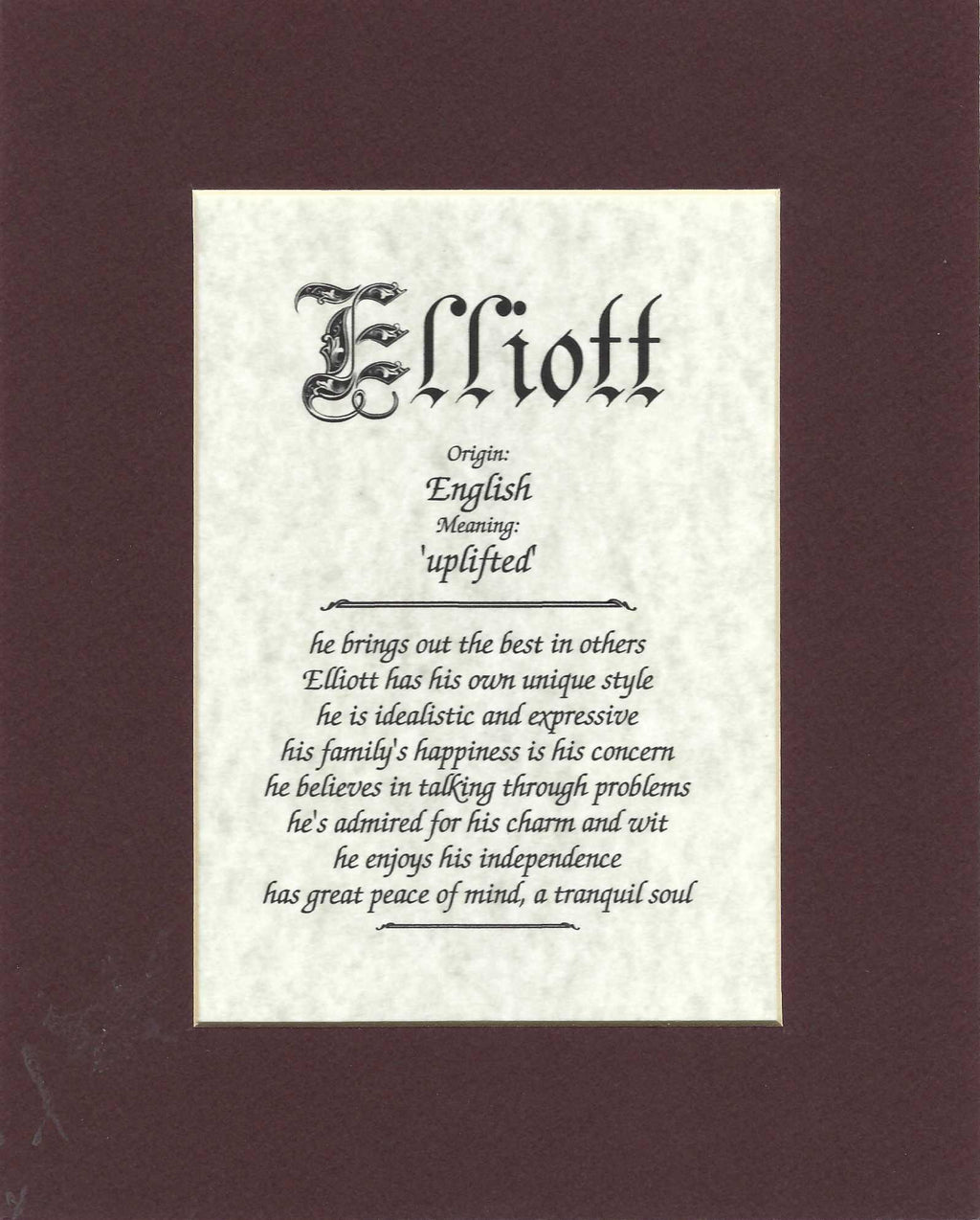 Name origin/meaning, brown mat, 8 x 10 parchment paper