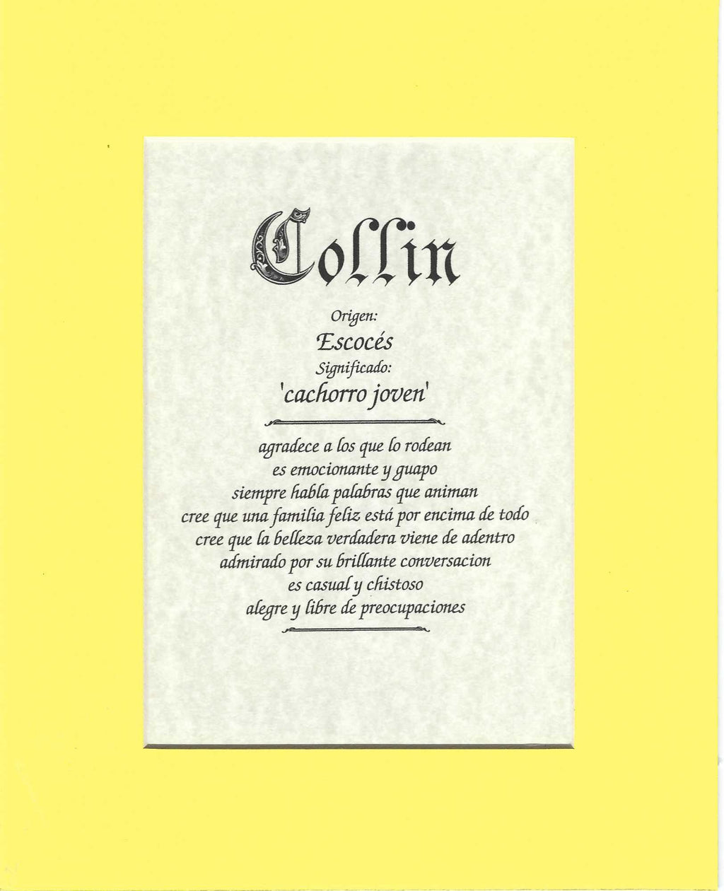 Name origin/meaning, yellow mat, 8 x 10 parchment paper