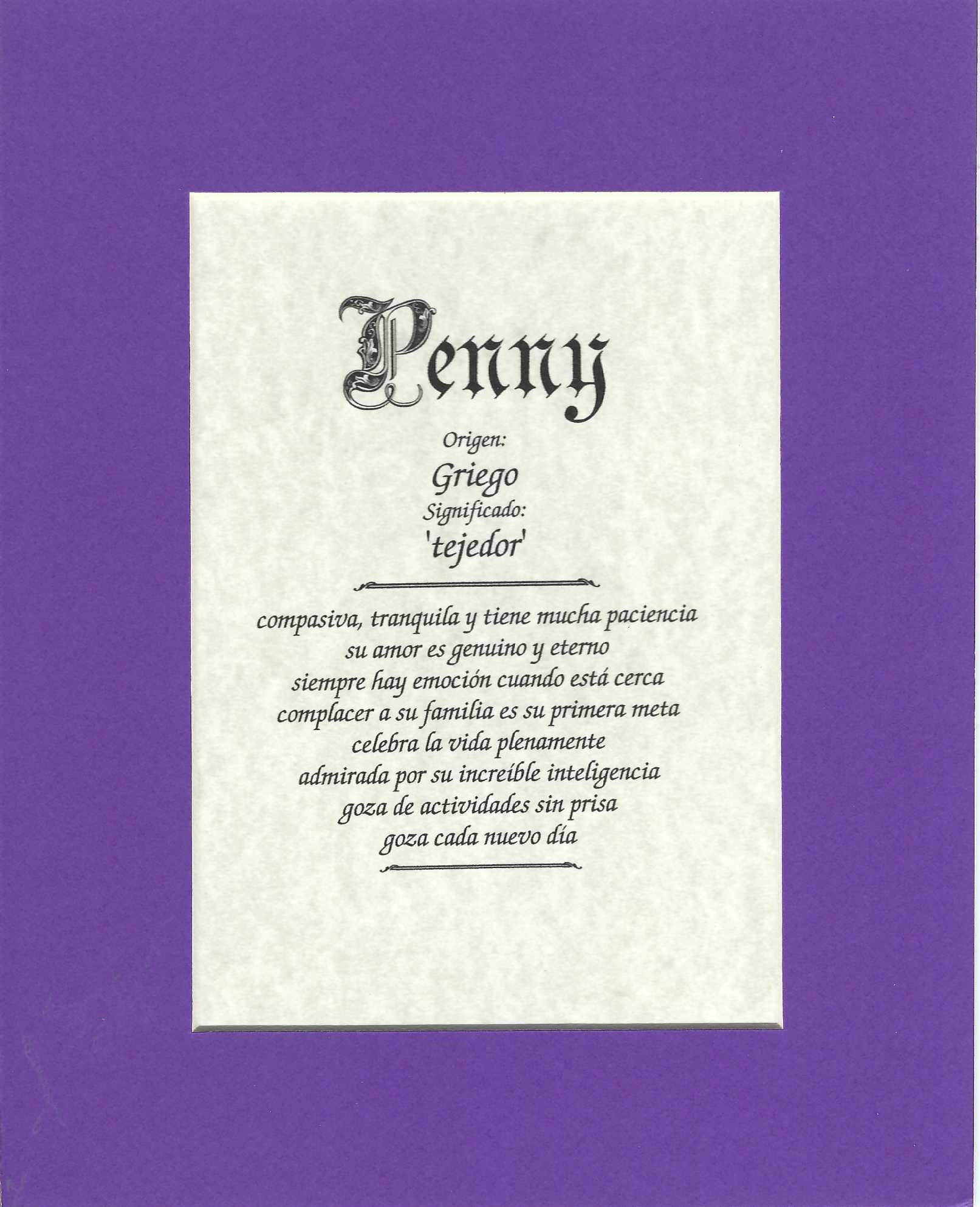 Name origin/meaning, purple mat, 8 x 10 parchment paper