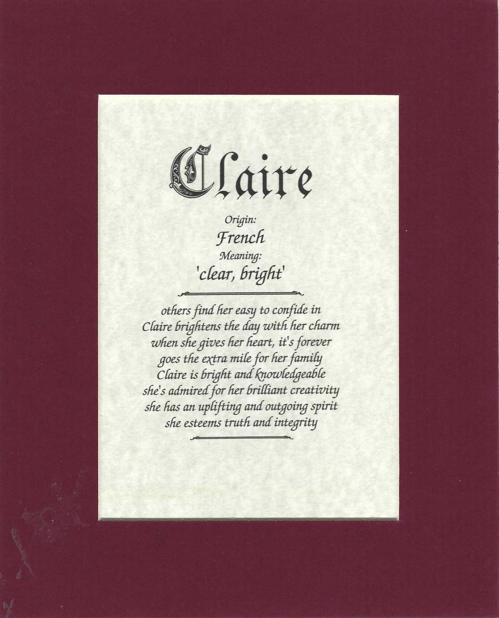Name origin/meaning, maroon mat, 8 x 10 parchment paper
