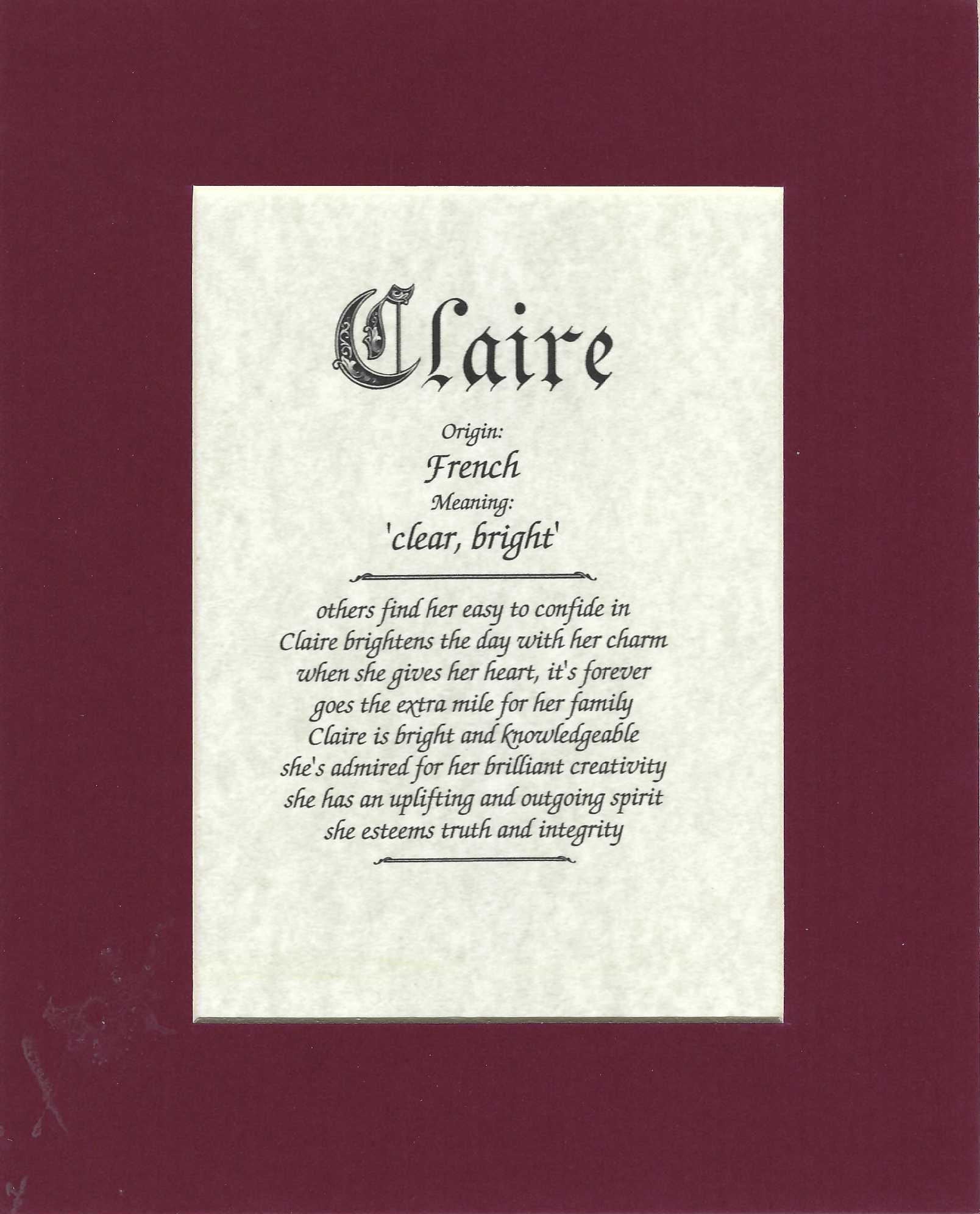 Name origin/meaning, maroon mat, 8 x 10 parchment paper