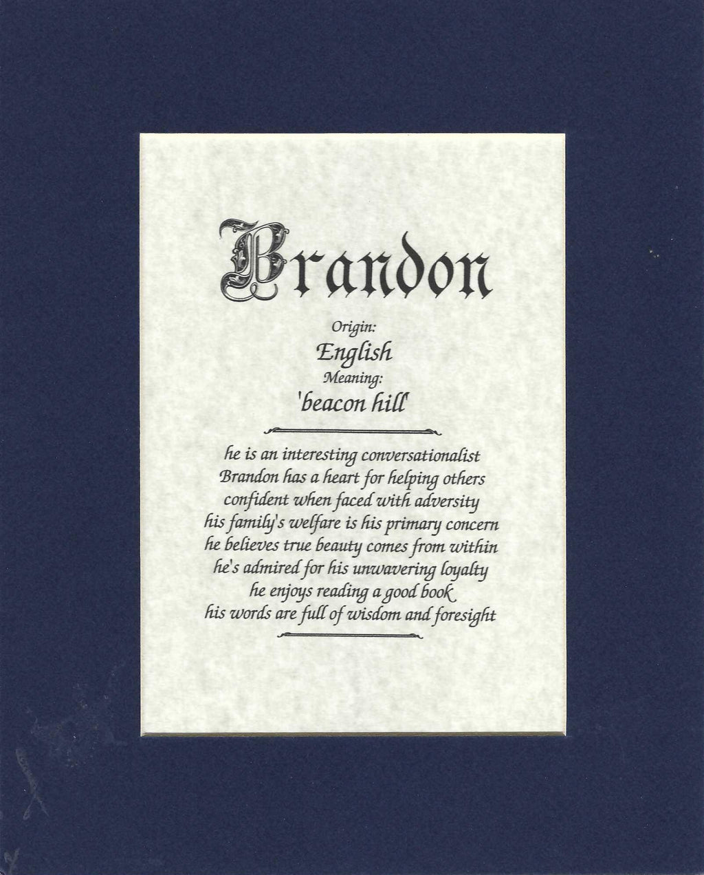 Name origin/meaning, navy blue mat, 8 x 10 parchment paper
