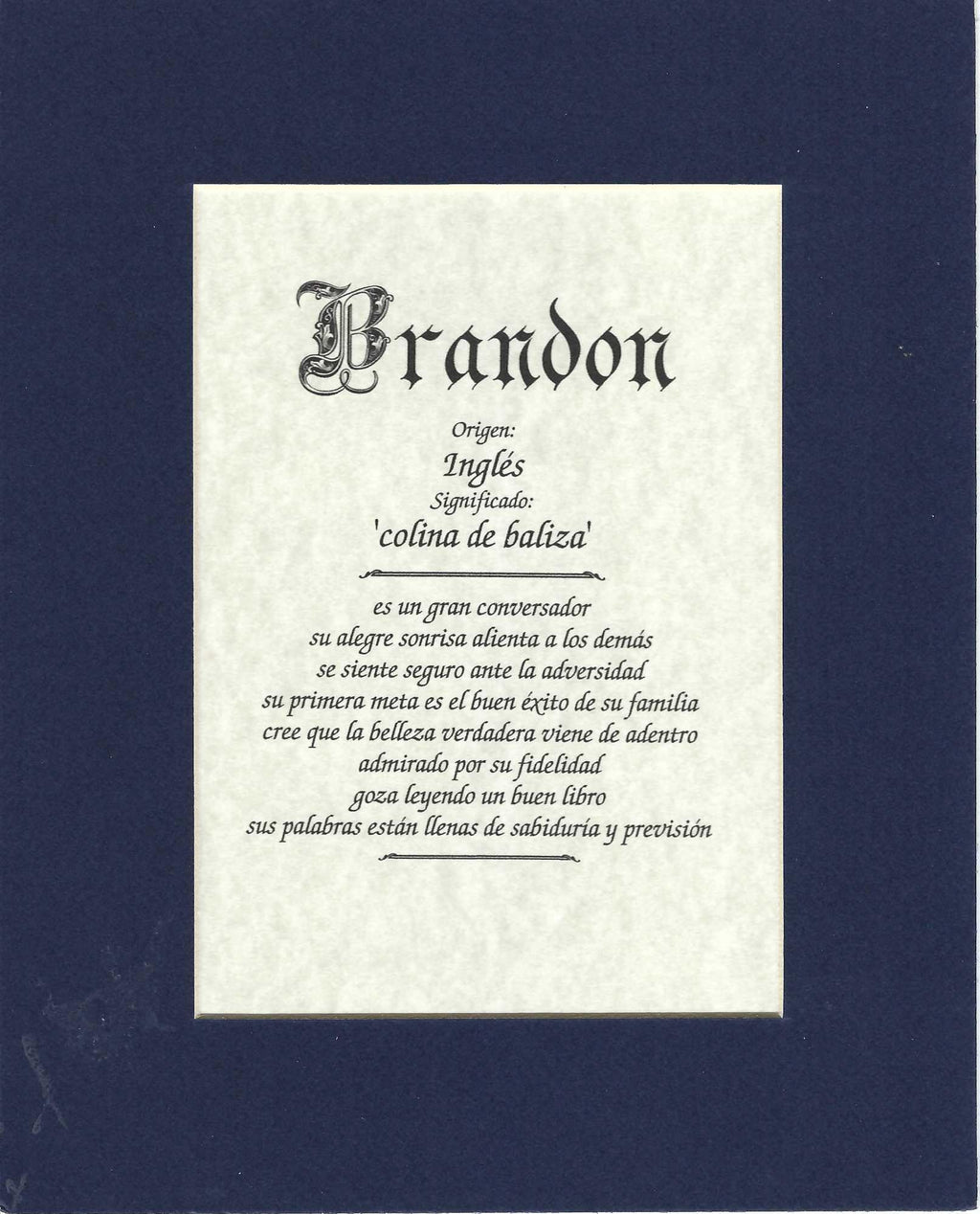 Name origin/meaning, navy blue mat, 8 x 10 parchment paper