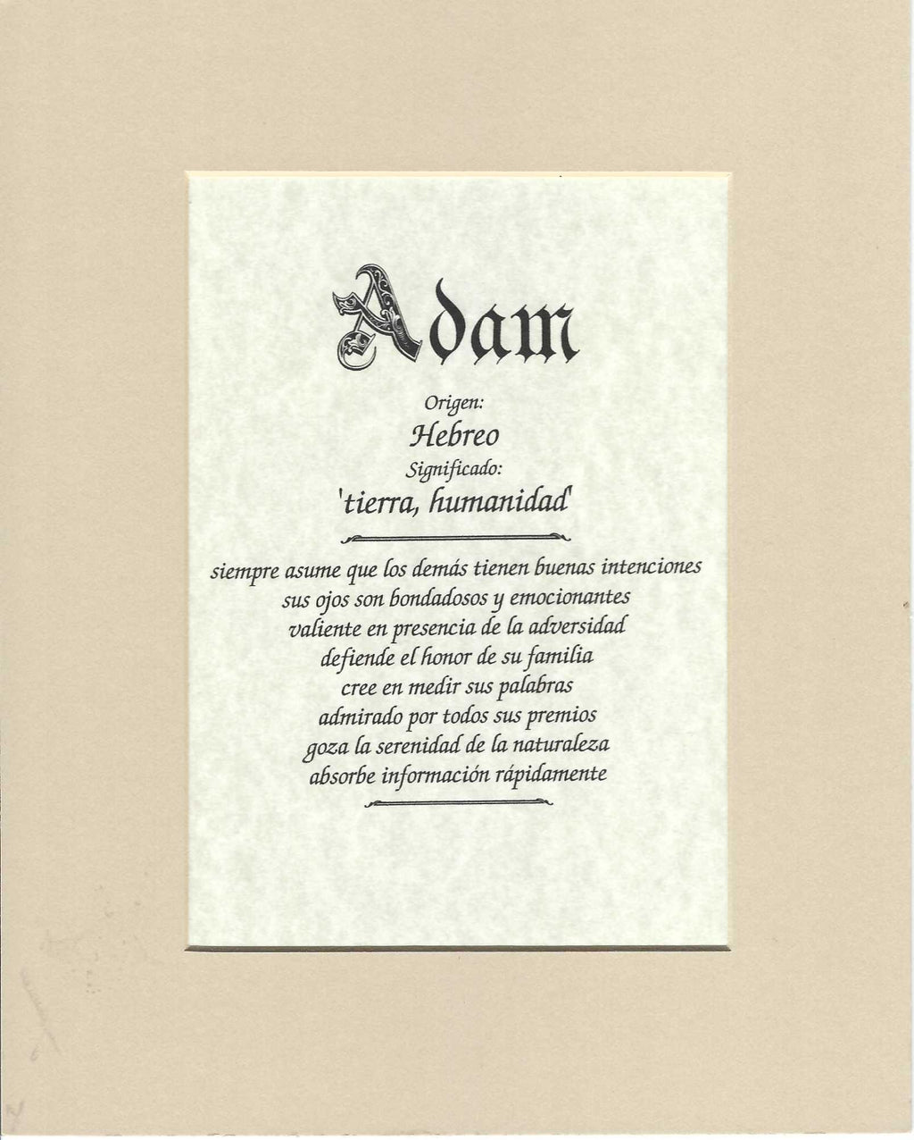 Name origin/meaning, tan mat, 8 x 10 parchment paper