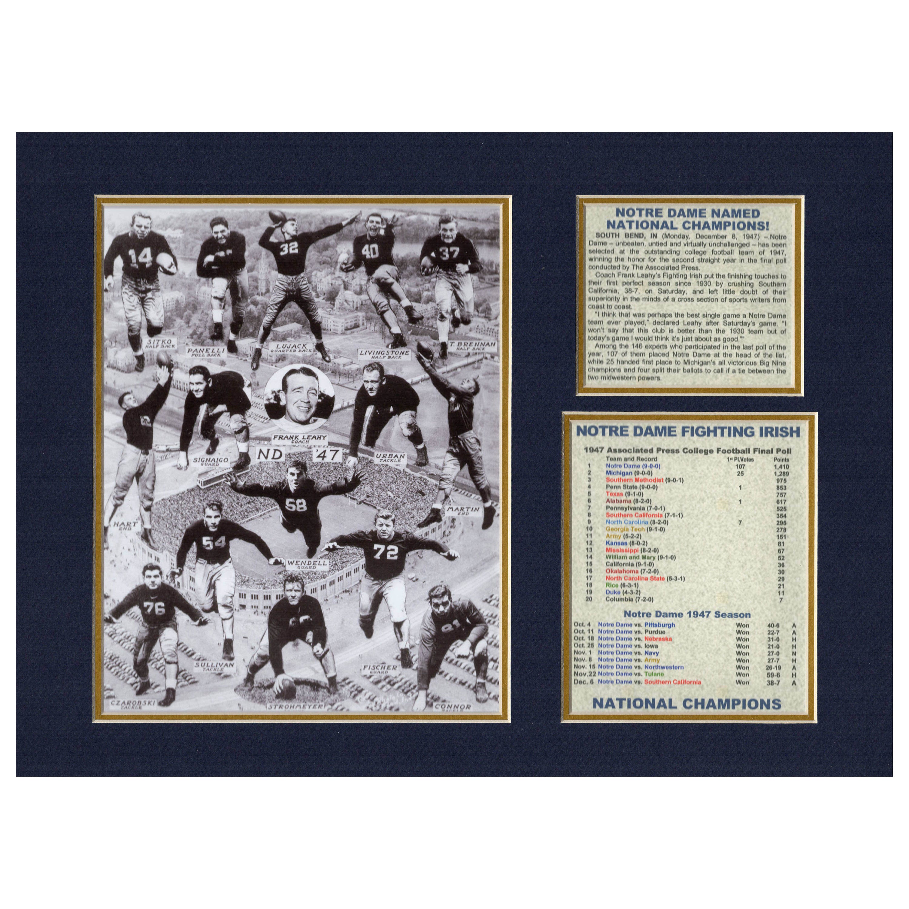 Notre Dame University Fighting Irish College Football 1947 National Champions Tribute