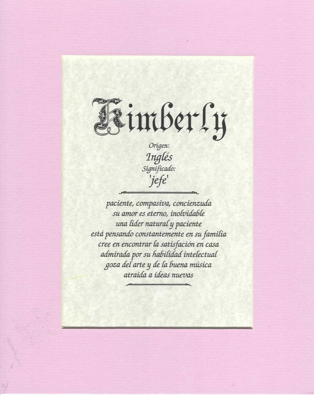 Name origin/meaning, pink mat, 8 x 10 parchment paper