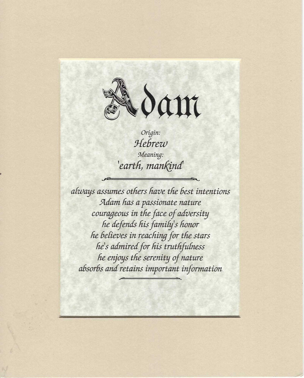 Name origin/meaning, tan mat, 8 x 10 parchment paper