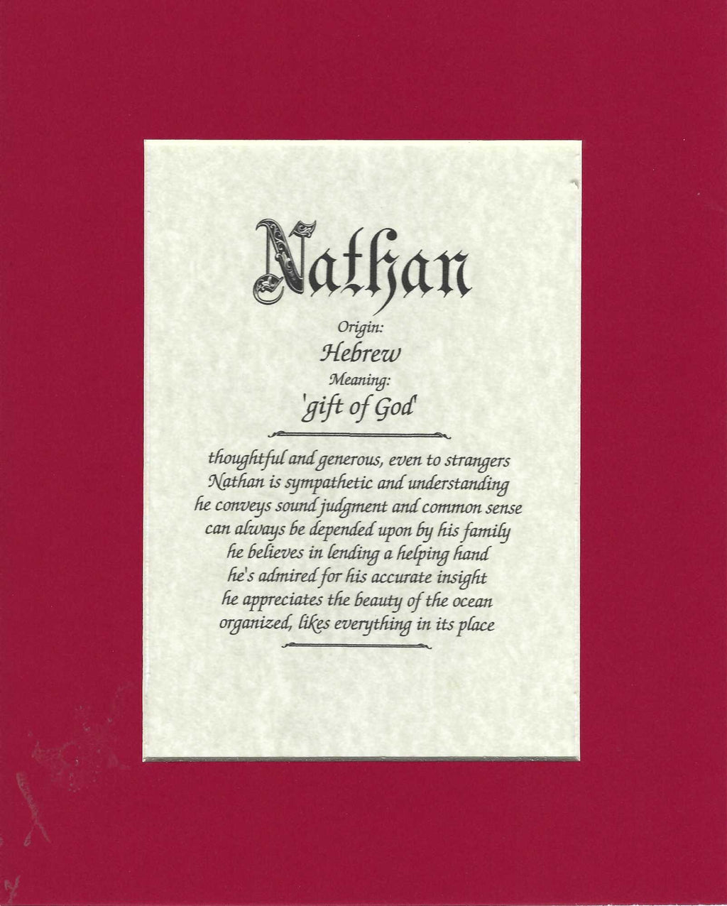 Name origin/meaning, deep red mat, 8 x 10 parchment paper