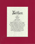 Name origin/meaning, deep red mat, 8 x 10 parchment paper